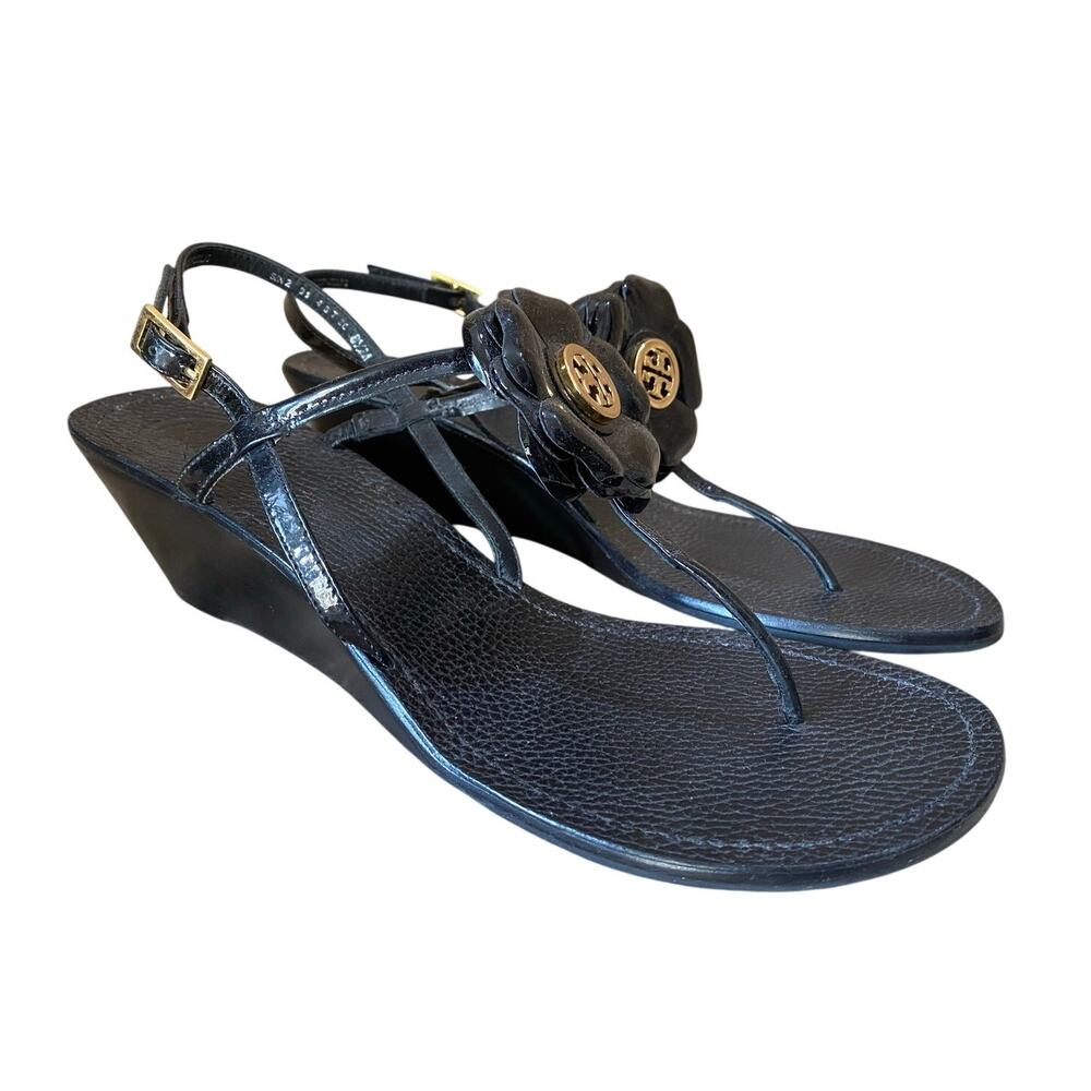 Tory Burch Shelby Black Patent Leather Flower Wedge Sandals Women's 8